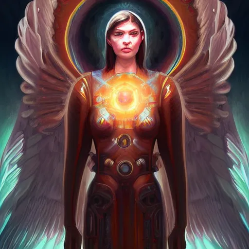 Prompt: portrait of a seraphim angel from a neo solar punk future future metaverse cyborg tech techno angelic warrior by Mandy Jurgens, cartoon, oil painting , visionary art, symmetric, Heavenly symbols, holy halo, astral patterns, sci-fi