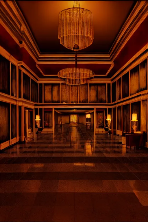 Prompt: a hyperrealistic vray rendering of a haunted hotel lobby with scary asthetic, cinematic horror by chris cunningham, lisa frank, richard corben, kinkade, highly detailed, vivid color,