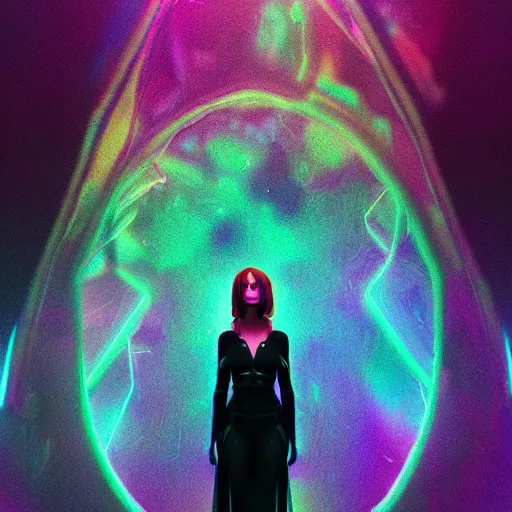 Prompt: long Shot of psychedelic Black widow standing in mysterious chromatic astral temple , stylish, lsd, soft, behance, cinematic, artwork by WLOP