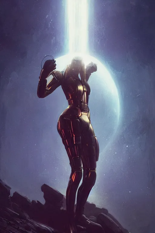 Image similar to An epic Sci-fi character art full portrait of a female Android at the first Olympic moon games, by Greg Rutkowski, Frank Frazetta, Felix Kelly, very beautiful, Olympus, Exquisite detail, post-processing, masterpiece, cinematic, coliseum, god rays