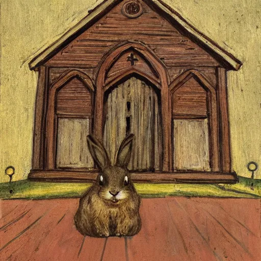 Image similar to a rabbit sitting in front of an old wooden russian church, in the style of ilya repin