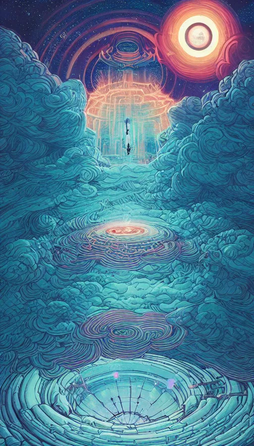 Image similar to the ancient portal of the luminous dream spirits on cosmic cloudscape, futurism, dan mumford, victo ngai