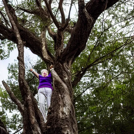 Image similar to elderly woman stuck up a tree, screaming, canon eos r 3, f / 1. 4, iso 2 0 0, 1 / 1 6 0 s, 8 k, raw, unedited, symmetrical balance, wide angle