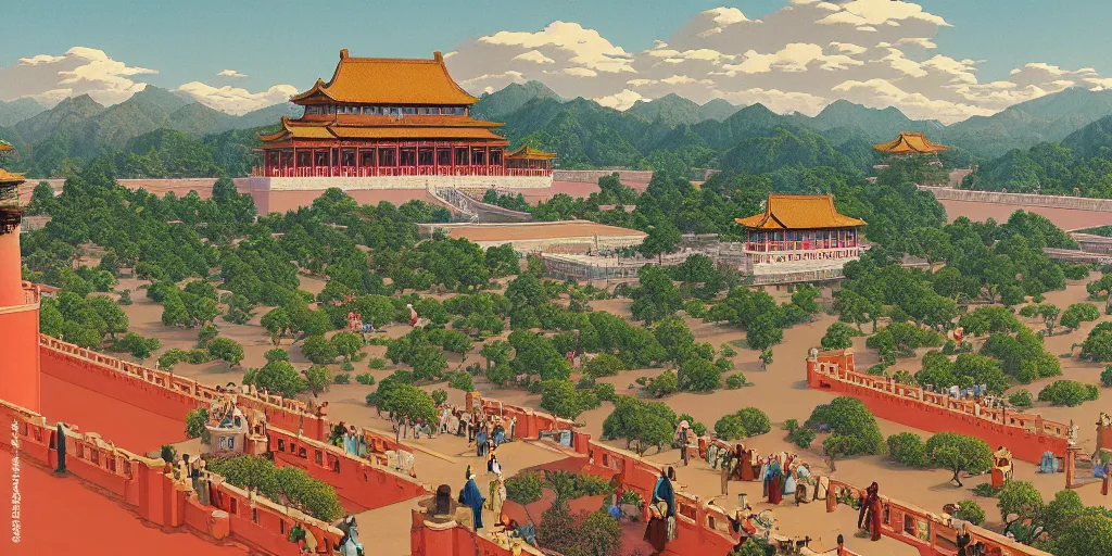 Prompt: forbidden city on the cliff, 4 k, wide - angle lens ， cinematic ， painting by wes anderson and hasui kause and scott listfield maxfield parrish