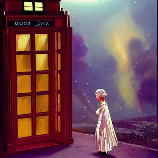 Prompt: Concept art of Queen Elizabeth II stepping out of the tardis, mysterious, ultrarealistic, cinematic lighting, 4k, wide angle, Bruce Pennington