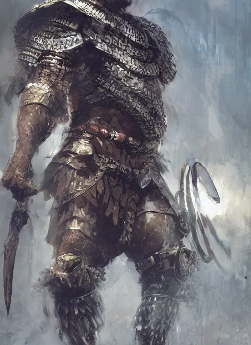 Image similar to ancient historically accurate depiction of the Bible Character Goliath of Gath, the Philistine warrior giant in ancient persian chainmail armor, dramatic lighting art by Yoji Shinkawa by Richard Schmid by greg rutkowski by Sandra Chevrier by Jeremy Lipking cinematic dramatic