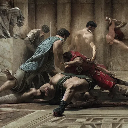 Prompt: brutus, regretting his actions, kneeling over the slumped body of julius caesar in the middle of the roman senate, fantasy art by greg rutkowski