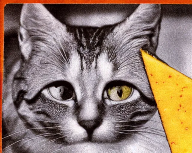 Image similar to 1970's cookbook color photograph of cat made from cheese sharp detail high detail