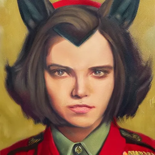 Image similar to oil paining of twentytwo year old female character with cat ears wearing soviet era uniform, wearing a tshirt with a face of karl marx on it, in the style of krenz cushart