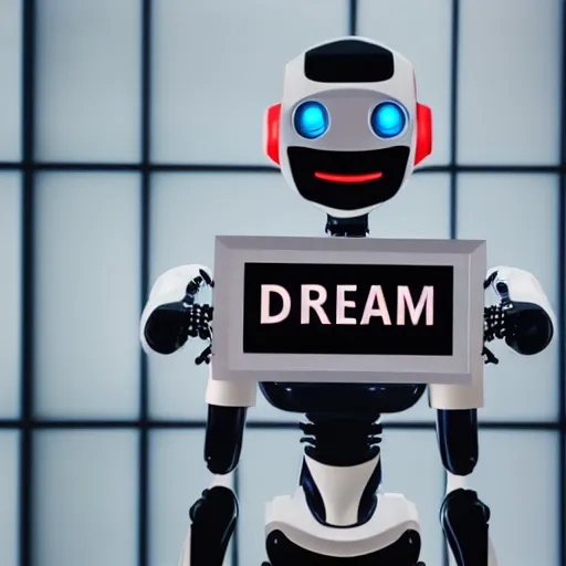 Image similar to artificial intelligence robot holding a sign with text that reads : dream