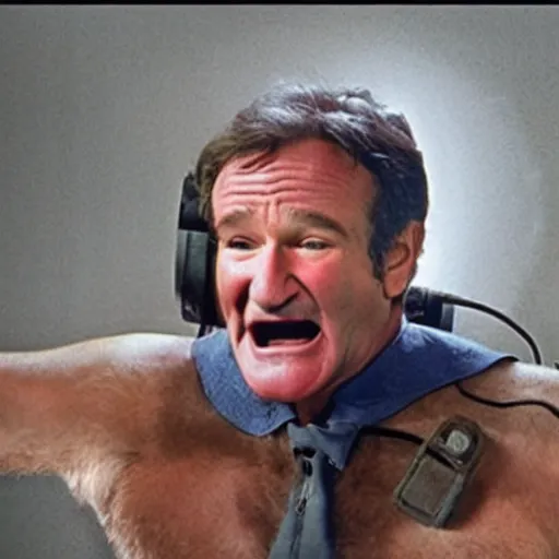 Prompt: robin williams mutating into the thing, practical effects, industrial lights and magic