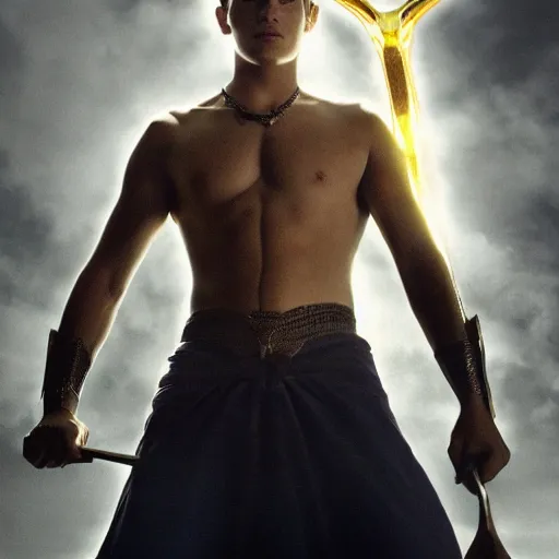 Image similar to handsome 17 year old boy in a Biblical outfit holding a slingshot to fight against the giant Goliath, epic, cinematic lighting, directed by Zack Snyder