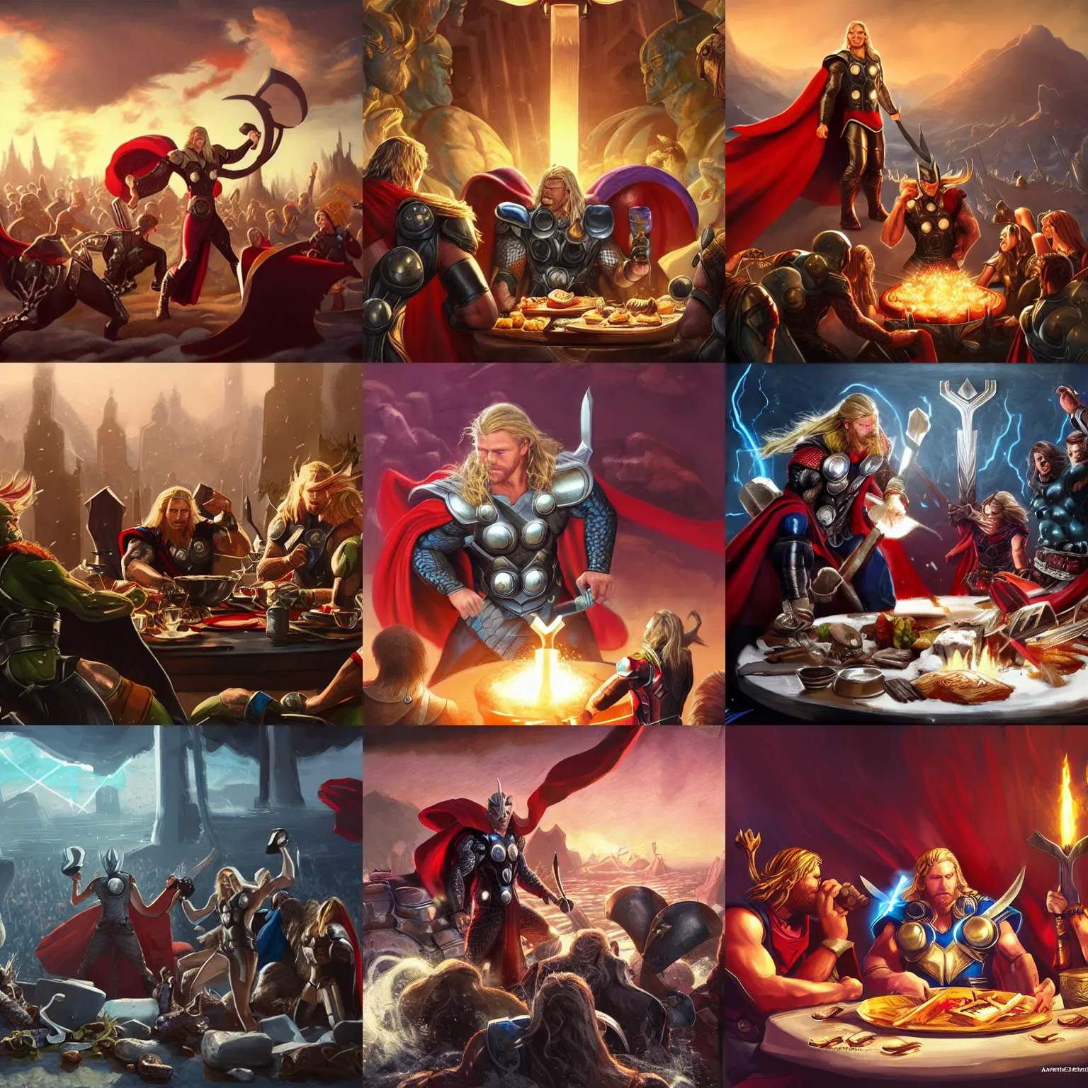 Prompt: Thor Having A Grand Feast at Midguard, fantasy, artstation, deviant art, trending