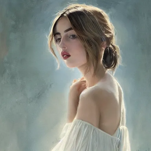 Prompt: portrait of beautiful happy young ana de armas wearing a beautiful silky white dress, painted by greg rutkowski