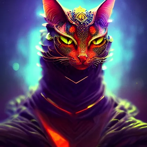 Image similar to beautiful colorful dragon cat. intricate portrait, occult cyberpunk, ancient futuristic, dark art, occult. by Petros Afshar, by artgerm, by Eddie Mendoza, by Peter mohrbacher, octane render, 3d, unreal engine, depth of field, bokeh, motion blur, blur