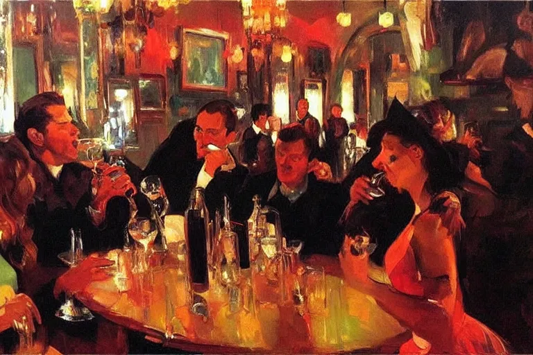 Image similar to glam rockers drinking wine, inside a green saloon with red lights by joaquin sorolla, phil hale, extremely detailed