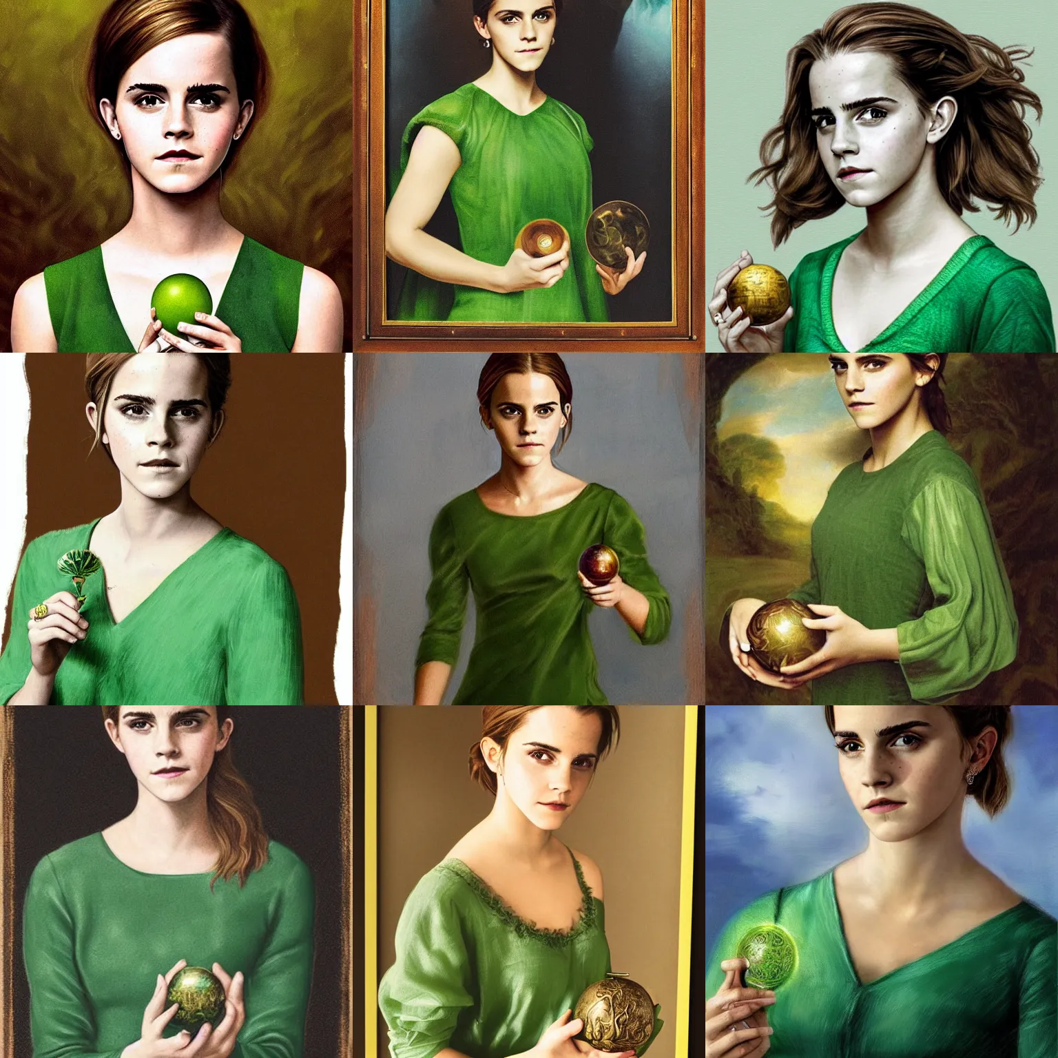 Prompt: A masterpiece portrait of a emma watson wearing a green tunic and holding a magical orb. Very detailed. intricate elegant highly detailed