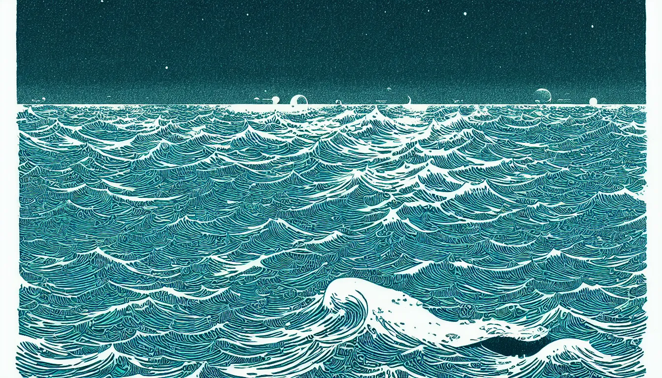 Image similar to ocean horizon by woodblock print, nicolas delort, moebius, victo ngai, josan gonzalez, kilian eng