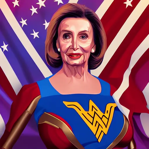 Image similar to Nancy Pelosi as Wonder Woman, digital art, cgsociety, artstation, trending, masterpiece