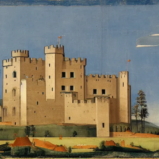 Image similar to a castle with many storey and towers in a serene landscape, by giotto