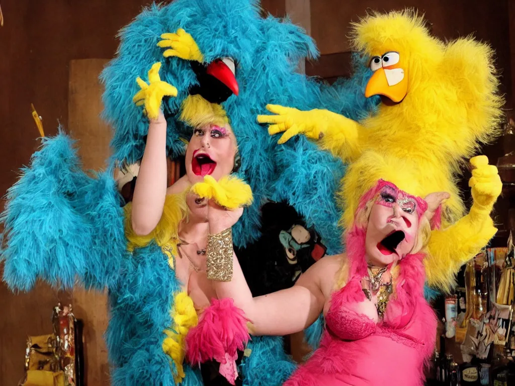 Prompt: big bird from sesame street, wearing sexy lingerie, seductive, drag queen, smoking cigarette and drinking cocktails, snorting cocaine off a pig's back, drunk, stains, fighting chaos, acting like a prostitute, evil, angry, sad, children's tv show