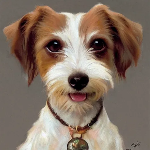 Image similar to a high quality painting of a very cute scruffy wire haired jack russell terrier puppy, white with chocolate brown spots, brown patches over both eyes. friendly, curious expression. painting by artgerm and greg rutkowski and alphonse mucha