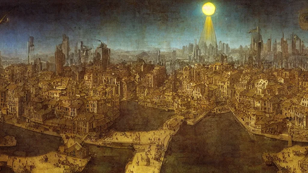 Prompt: a solarpunk city paiting made by Leonardo Da Vinci