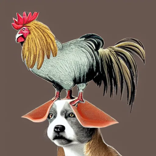 Prompt: a rooster on top of a cat, on top of a dog, on top of a donkey, digital art