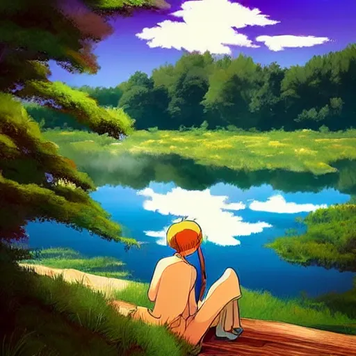 Prompt: a beautiful lake, fantasy art, 2 d, sunshine, warm colors, relaxing, calm, cozy, peaceful, by studio ghibli