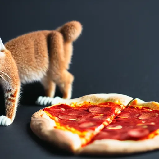 Image similar to a macro photo of cute caracal toy and a slice of pizza, cheese and pepperoni, hyper realistic, hyper detailed, 35mm, very grainy film, volumetric studio lighting, bokeh, black background award winning shot, vogue magazine, cinematic, 8k, very closeup, elegant, tender, pastel