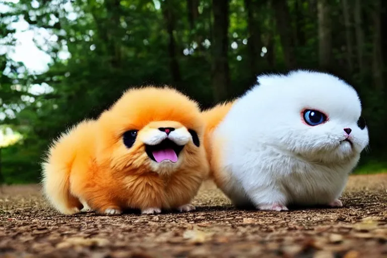 Image similar to real life pokemon, cute!!!, adorable!!!, chunky!!!, playful!!!, fluffy!!!, happy!!!, cheeky!!!, mischievous!!!, ultra realistic!!!, autumn, clear weather, golden hour, sharp focus