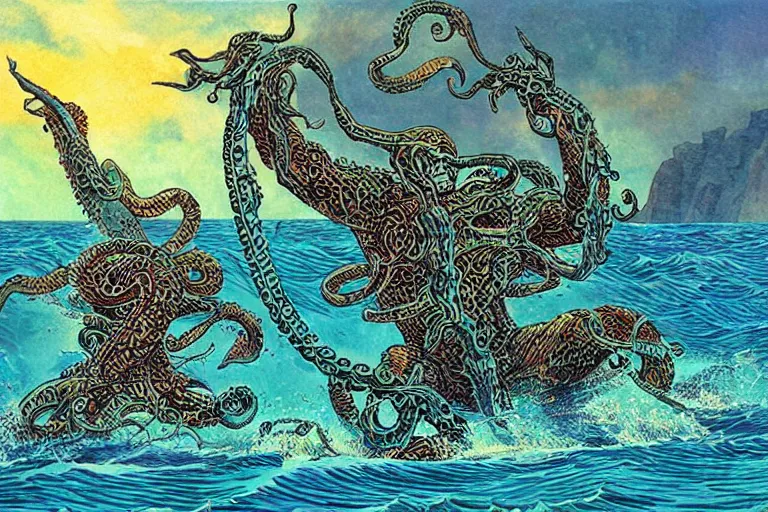 Prompt: a poseidon - android fighting with kraken, artwork by jean giraud