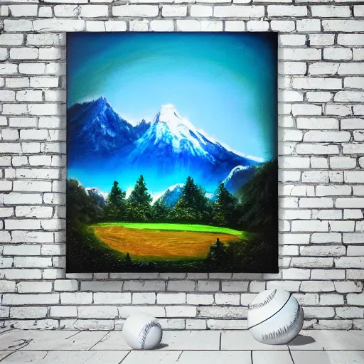 Image similar to a closeup photorealistic photograph of bob ross themed kenny powers baseball, painting on a canvas. mountains and trees. film still. brightly lit scene. this 4 k hd image is trending on artstation, featured on behance, well - rendered, extra crisp, features intricate detail, epic composition and the style of unreal engine.