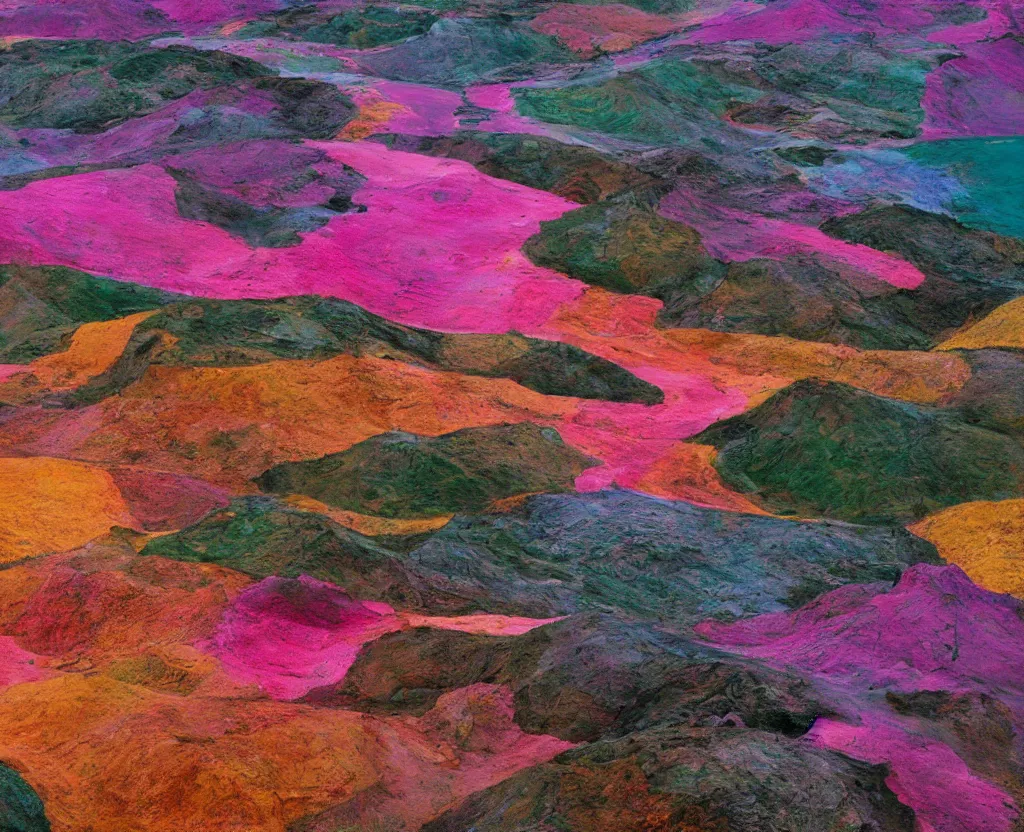 Prompt: a colorful landscape by edward burtynsky, richard mosse