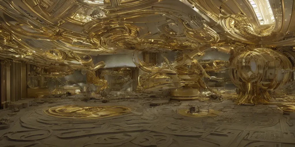 Prompt: Architectural model of a golden era science fiction set painted by James Jean, cinematography by Darren Aronofsky, composition by Fritz Lang