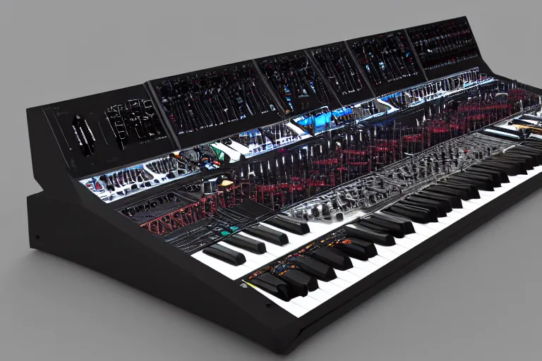 Image similar to dream synthesizer, ultradetailed, led, cables and wires, knobs, faders, octane render