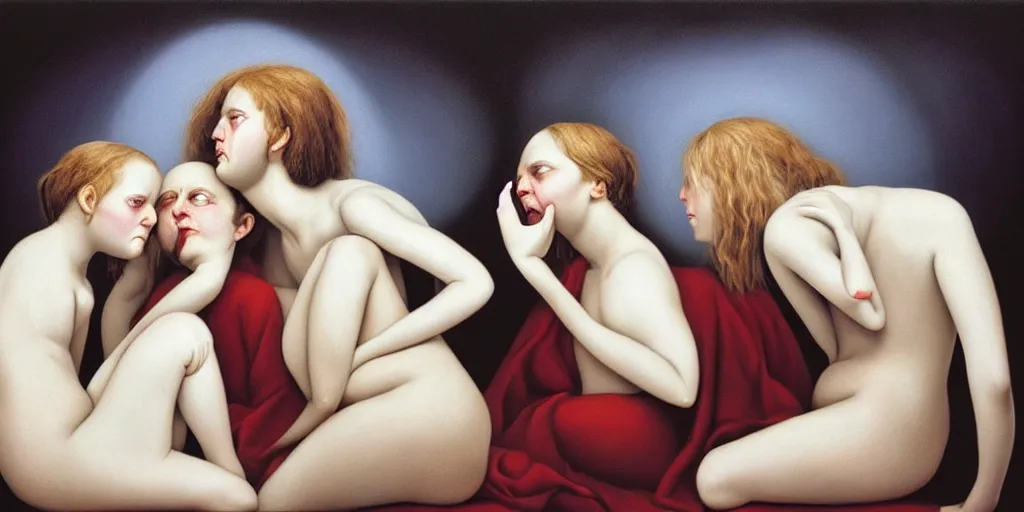 Prompt: the three fates, pain, pleasure, suffering, adventure, love, abstract oil painting by gottfried helnwein