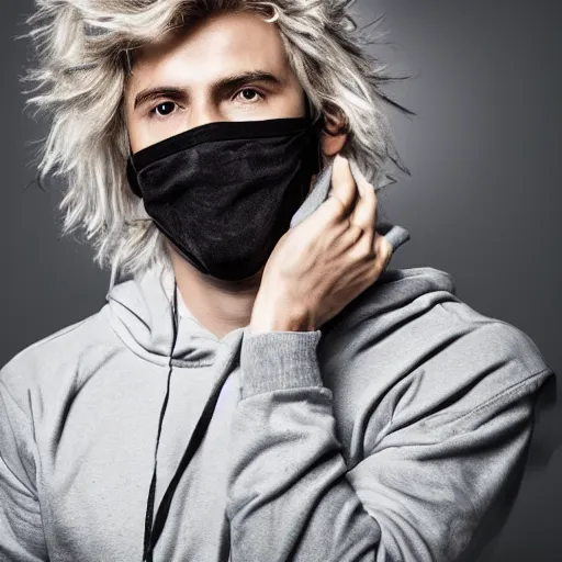 Prompt: professional digital art of a cute guy with blonde fluffy messy hair wearing a black face mask and a gray hoodie, high quality, HD, 8K, highly detailed, award-winning