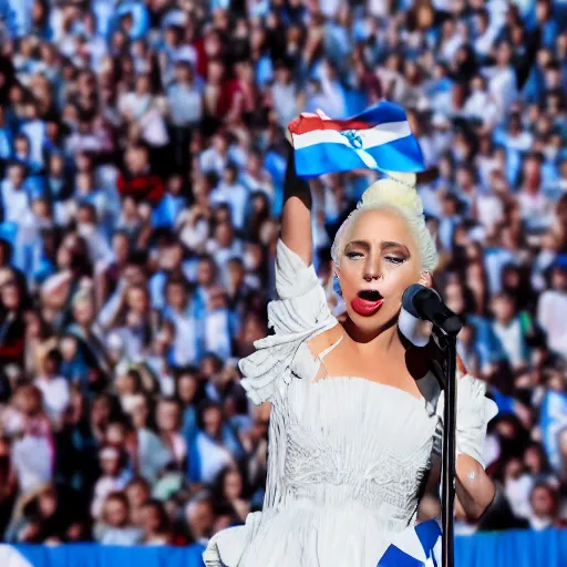 Image similar to Lady Gaga as president, Argentina presidential rally, Argentine flags behind, bokeh, detailed face, Argentina