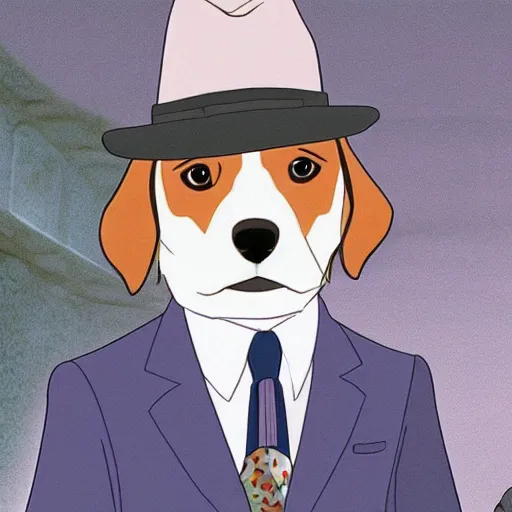 Image similar to a beagle wearing a business suit and fedora, studio ghibli