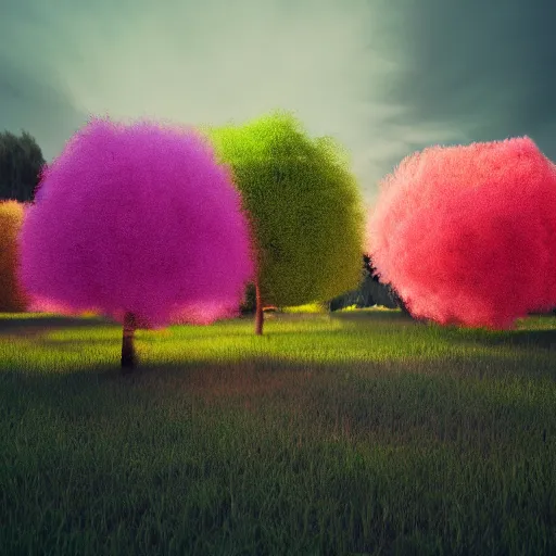 Prompt: Colorful fluffy trees in a field, octane render, volumetric lighting, 4K