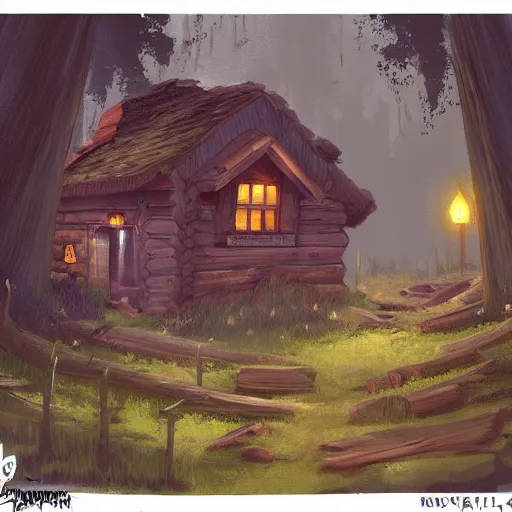 Prompt: a painting of a Eerie cabin in the middle of the woods in the style of dungeons and dragons concept art