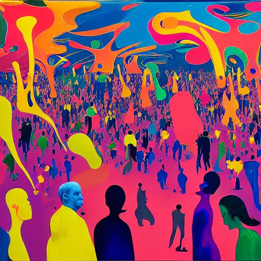 Image similar to people in the crowd, an ultrafine detailed painting by peter max and francis bacon and fiona rae and maryam hashemi and hernan bas and anna mond and max gubler, featured on deviantart, metaphysical painting, neo expressionism, pop surrealism, melting paint, biomorphic, mixed media, photorealistic, dripping paint, palette knife texture, masterpiece