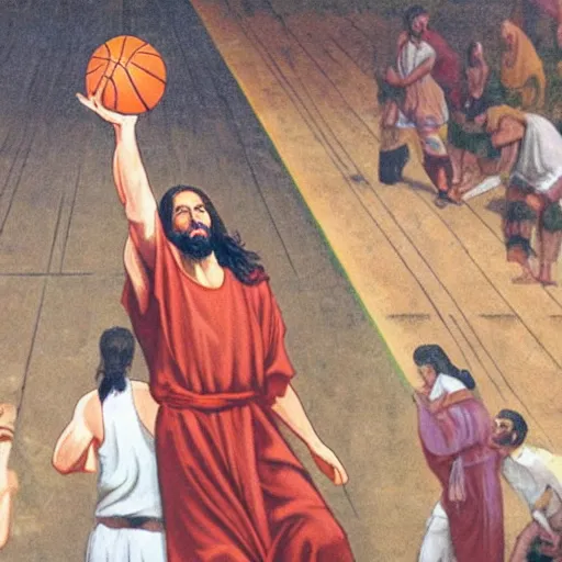 Prompt: Jesus wearing robes dunks a ball in a basketball court, hd
