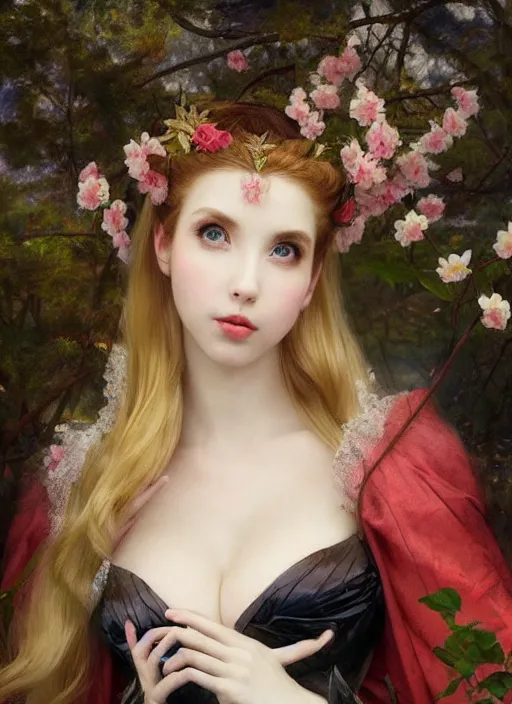 Image similar to Amouranth as an evil princess by Frederick Edwin Church and James Jean, rule of thirds, seductive look, beautiful, in Harajuku Japan during sakura season, masterpiece, Refined