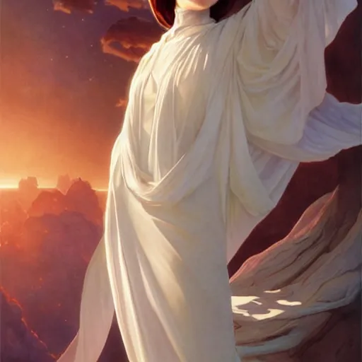 Prompt: Nancy Pelosi is a alien princess, white body dress, dramatic, open arms, cinematic lighting, intricate, elegant, highly detailed, digital painting, artstation, sharp focus, illustration, art by artgerm and greg rutkowski and alphonse mucha and Wayne Barlowe and william-adolphe bouguereau