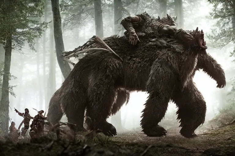 Image similar to vfx movie closeup detailed ancient armored warrior orc hunting riding large bear in the forest, natural lighting by emmanuel lubezki