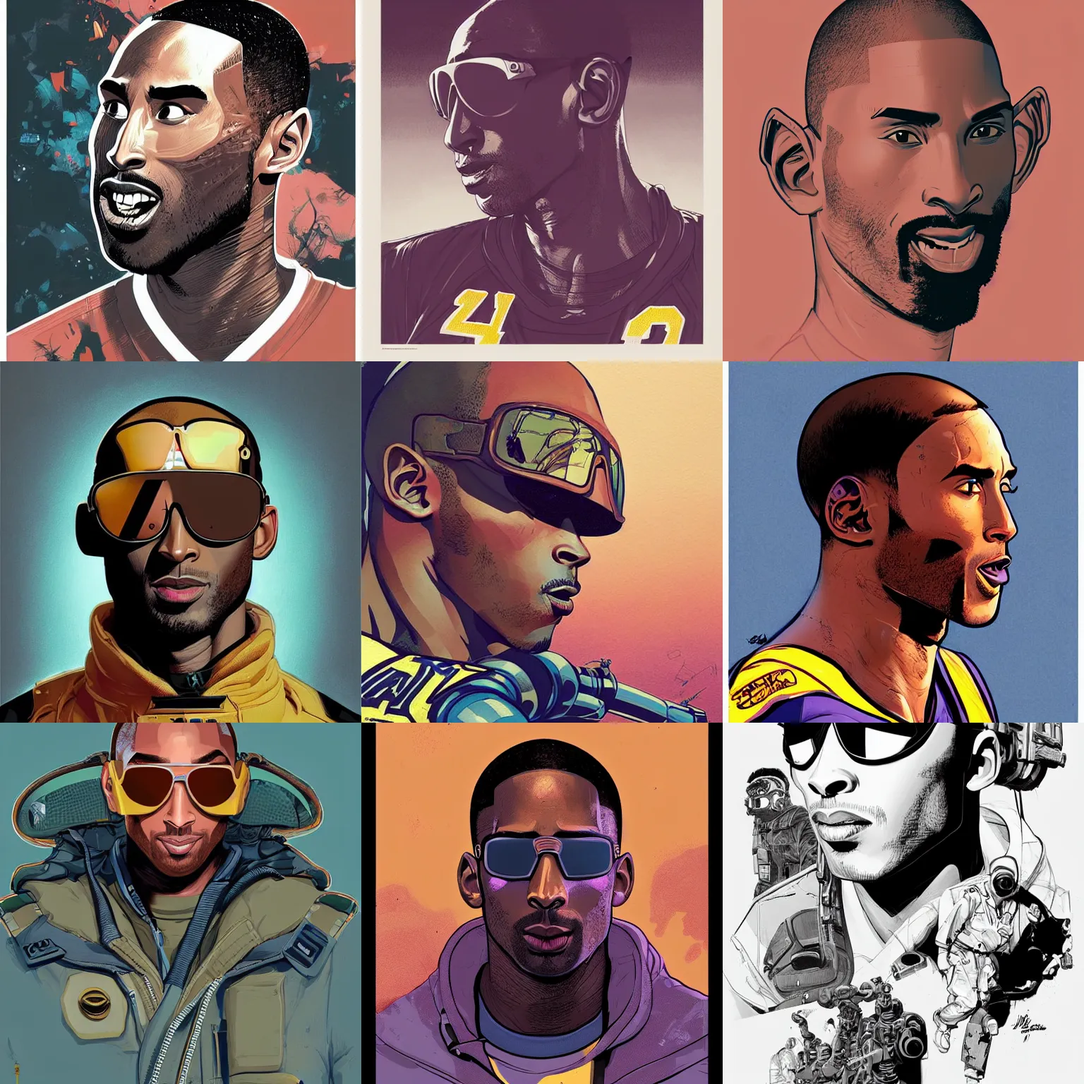 Prompt: a study of cell shaded portrait of top gun kobe bryant concept art, llustration, post grunge, concept art by josan gonzales and wlop, by james jean, victo ngai, david rubin, mike mignola, laurie greasley, highly detailed, sharp focus, alien, trending on artstation, hq, deviantart, art by artgem