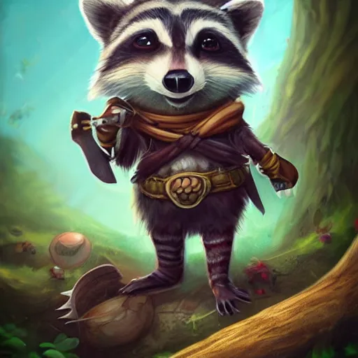 Prompt: An adorable whimsical raccoon wearing bard clothing, highly detailed, digital painting, artstation, concept art, smooth, sharp focus, studio light, by Phil and Kaja Foglio