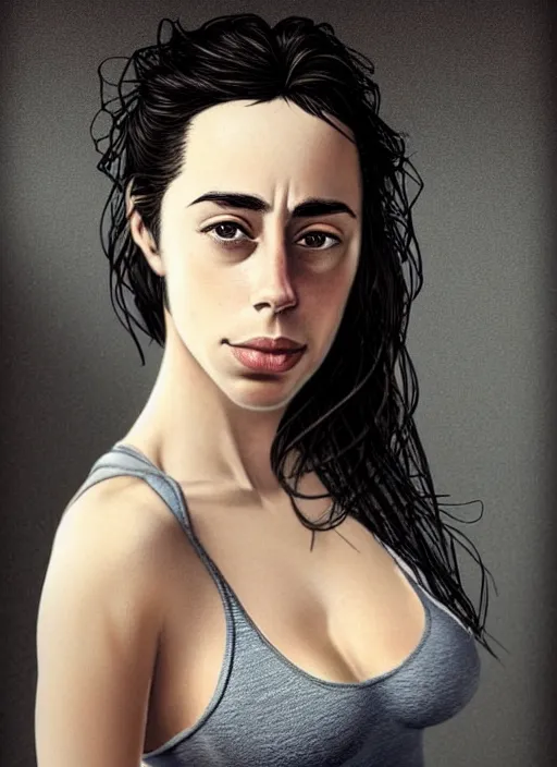 Image similar to full length photo of Oona Chaplin with a face of pain in a tanktop in the style of stefan kostic, not realistic, sharp focus, 8k high definition, insanely detailed, intricate, elegant, art by stanley lau and artgerm